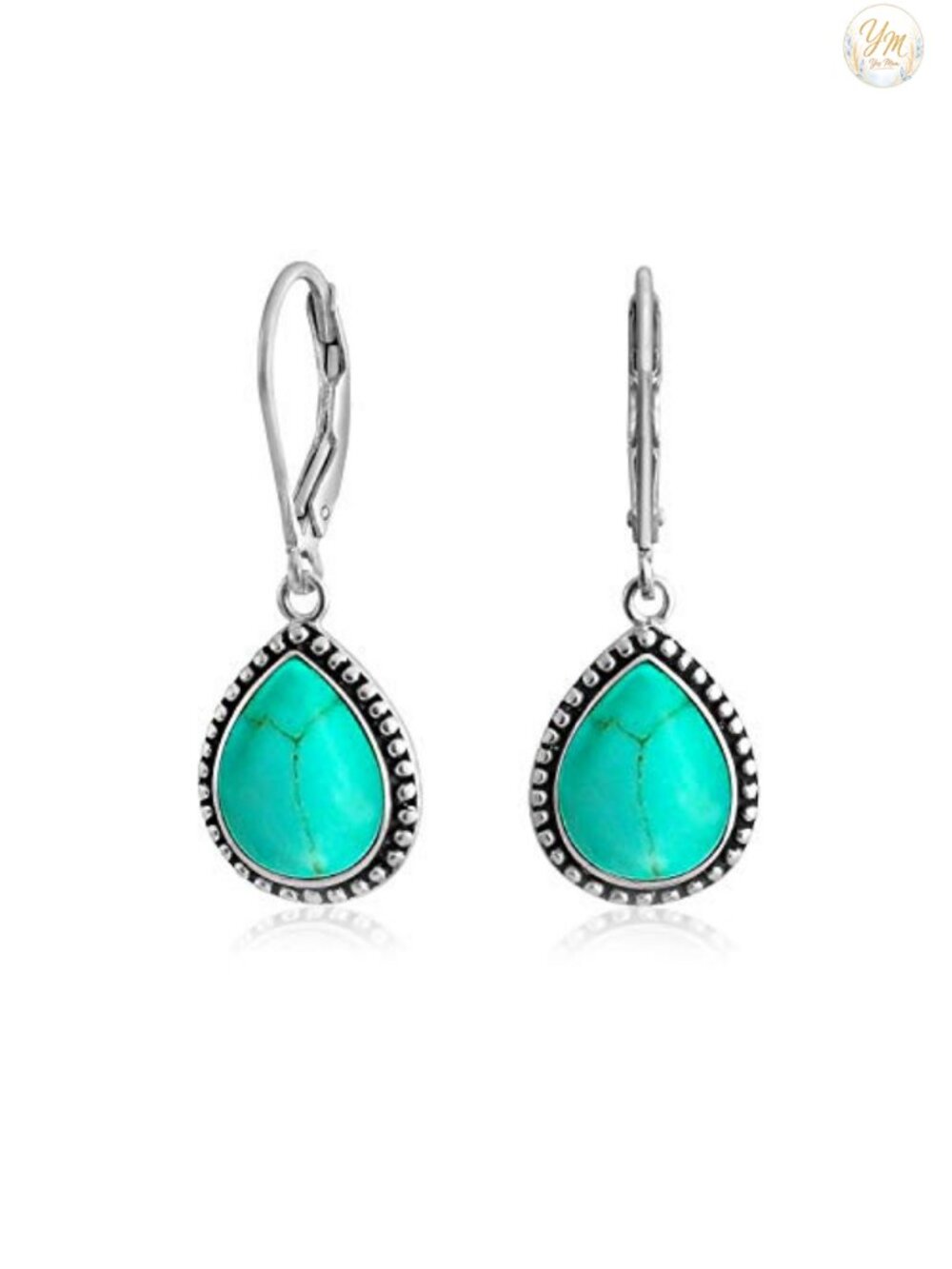 Sterling Silver Teardrop Dangle Earrings Leverback Turquoise Gemstone